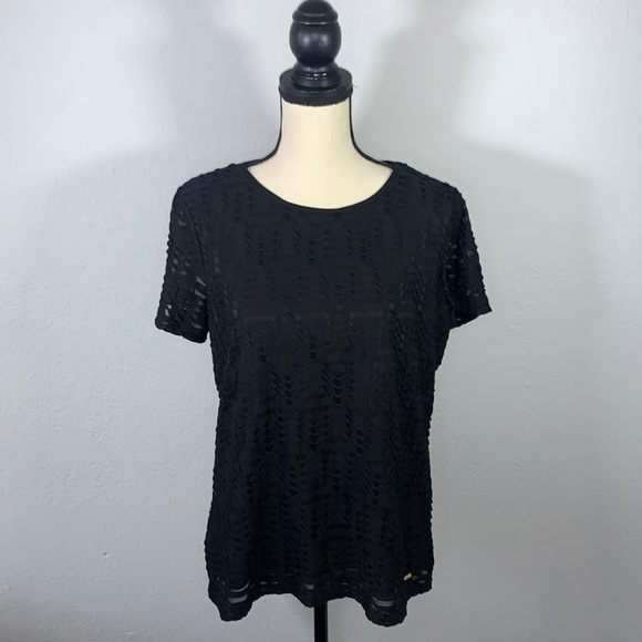 Calvin Klein Black Scoop Neck Stretch Textured Short Sleeve Shirt sz L - Picture 5 of 13